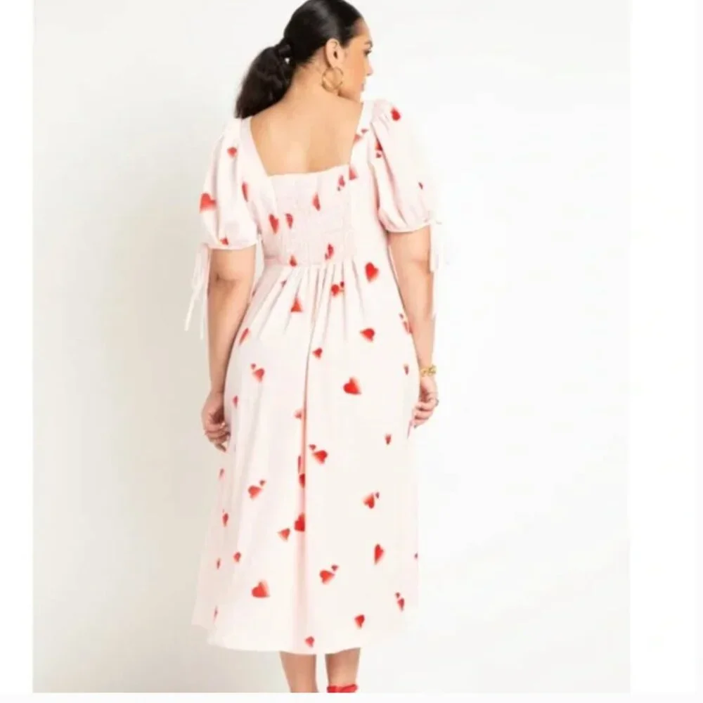 Eloquii Puff Sleeve Satin Dress Pink Heart Print Dress 18 - Picture 4 of 6